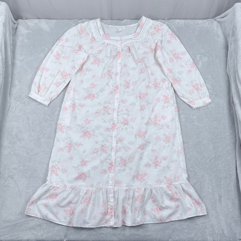 Vintage Cachet Nightgown Women Medium White Pink Floral Lace Trim Button Front